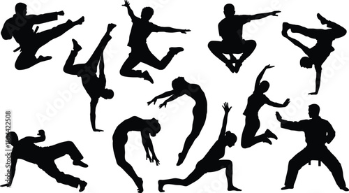 Dynamic collection of male dancer and martial artist silhouettes performing jumps, flips, kicks, and acrobatic poses, powerful motion isolated on white background concept