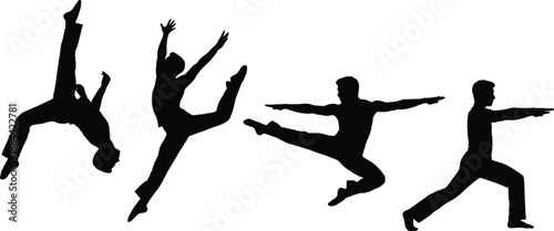 Dynamic male dancer silhouette sequence showing powerful jumps and poses, modern dance motion isolated on white background, expressive athletic movement and energy concept