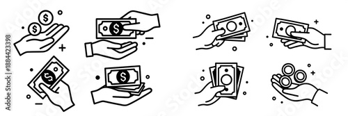 Hands exchanging cash and coins in a vector illustration