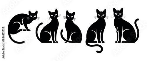 Silhouette Collection of Elegant Black Cats featuring standing and sitting poses in vector style