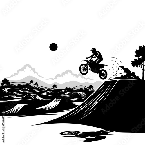 Daring motocross rider performing a jump in mountain terrain