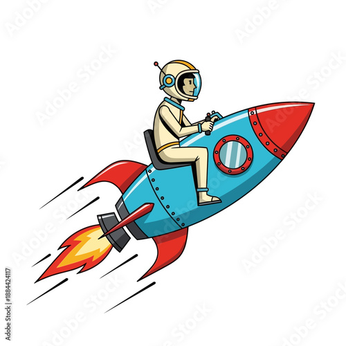Astronaut riding a cartoon rocket ship, space exploration, science fiction adventure