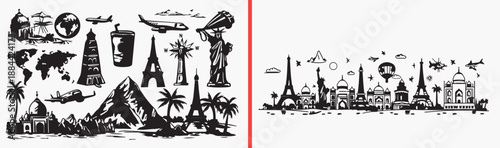 Paris Eiffel Tower Travel Doodle Collection, Hand Drawn French Landmark Sketch Art, Romantic Couple Scene Vector Clipart Bundle, Love Travel Theme Graphics Stock Art Set, France Vacation Drawing Bundl