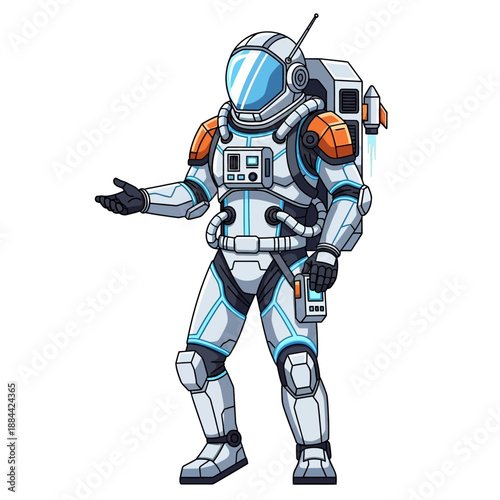 Futuristic Astronaut in White Suit with Jetpack, Presenting Open Hand