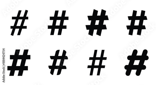 Arrangement of black hashtag symbols on a plain white background