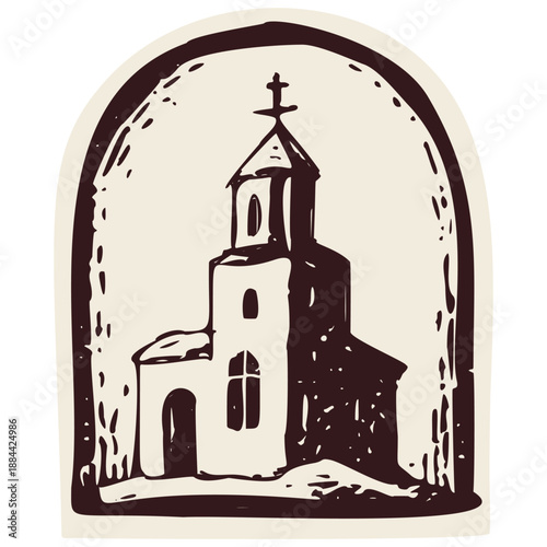 Little wayside pilgrimage chapel for camino passport stamp. Hand drawn black and white religious clip art for St James pilgrims way with scallop shell. For retreat faith based travel 