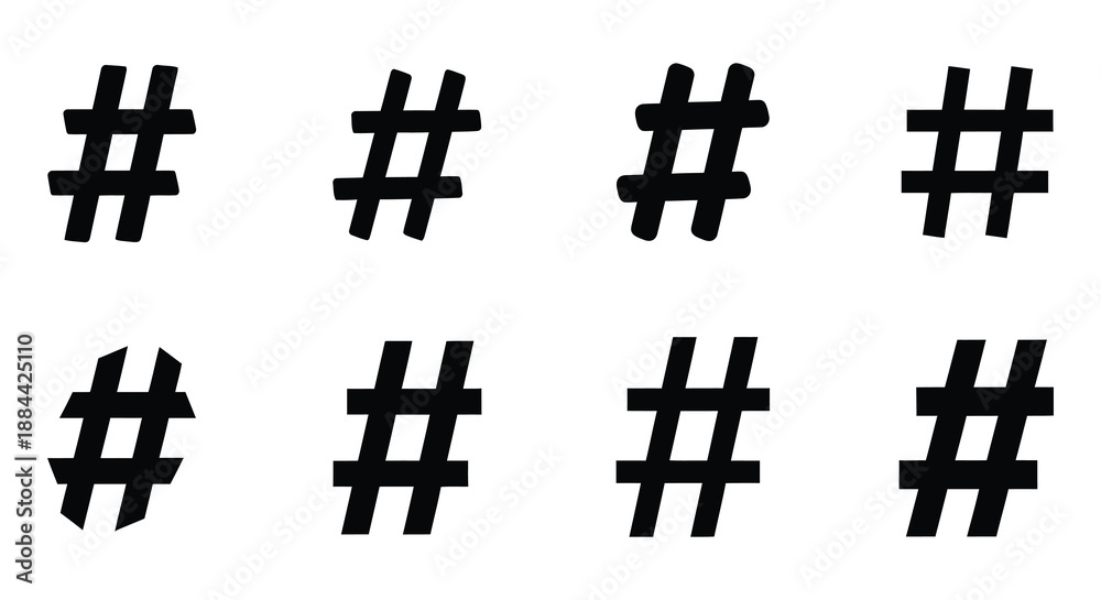 Obraz premium Arrangement of black hashtag symbols on a plain white background
