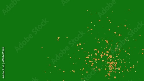 confetti falling on green background, gold confetti rain launched from a cannon, Animation of golden confetti paper falling down slowly on transparent screen. Birthday celebration party. 4K