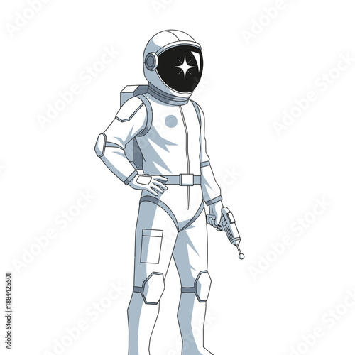 Astronaut character with star-shaped visor holding a ray gun, white background