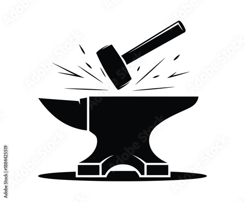 A black and white illustration of a hammer striking an anvil with sparks flying everywhere