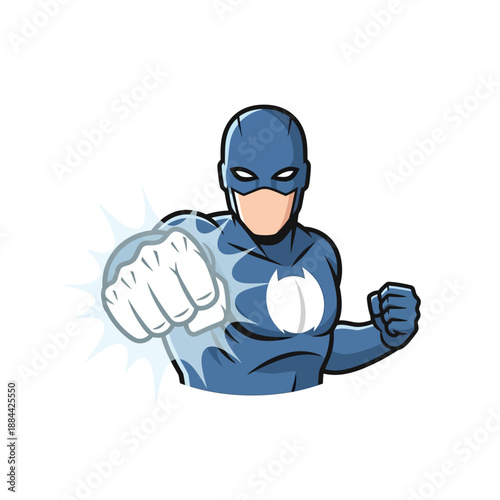 Superhero punching forward with glowing fist, blue costume, white background