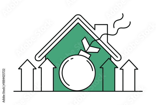A green house with a piggy bank on the front and arrows pointing upwards, symbolizing financial growth and investment in real estate.