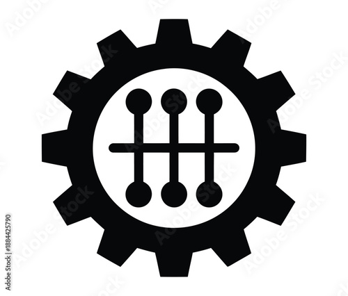 A black gear icon with a shift stick symbol in the center on a white background