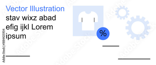 E-commerce, branding, sales strategy, marketing, business processes, gear mechanism. T-shirt with a percentage symbol and gear icons. E-commerce and branding concept