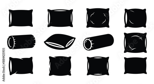 Black and white illustration displaying various shapes of decorative pillows