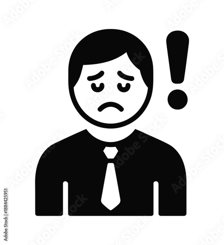 A frustrated businessman with a worried expression and an exclamation mark