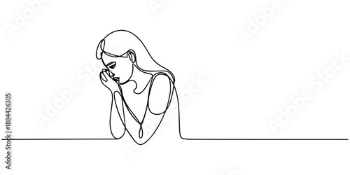 woman looking down and sad continuous one line drawing, one continuous line drawing of a woman looking down and sad. one line drawing of a sad state of mind, a woman contemplating and crying. single