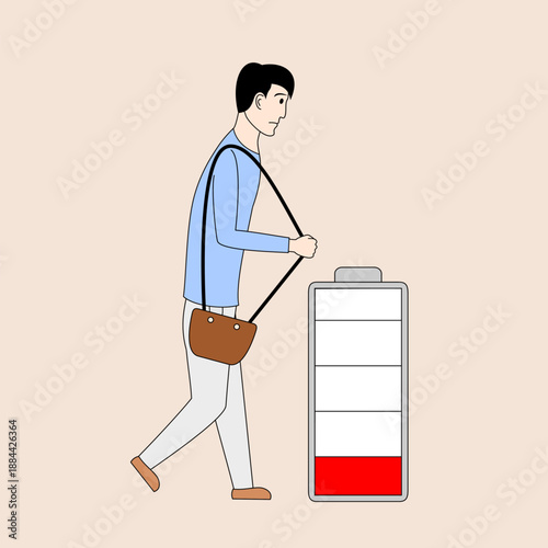 A man is walking with a bag he looks tired, listless, and unenthusiastic expression