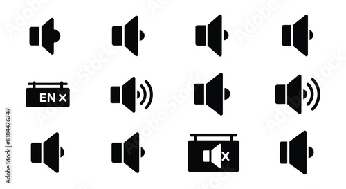 Collection of black speaker and sound volume icons on a white background