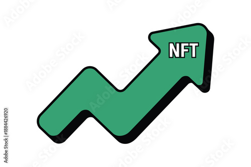 A green arrow with NFT text pointing upwards on a white background, symbolizing growth and increase in non-fungible tokens.