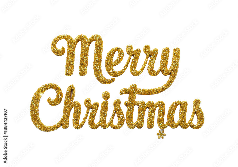 Naklejka premium hyper-realistic 3d macro render of 'merry christmas' calligraphic text made of textured metallic gold glitter, isolated on white with copy space. concept for high-end christmas card design