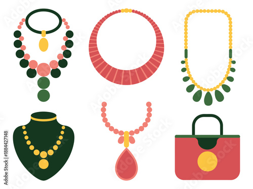 A colorful illustration of various jewelry pieces and a handbag on a white background