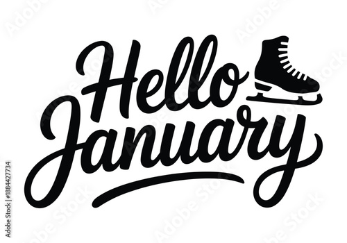 A graphic design featuring the text 'Hello January' with an ice skate icon on a white background.
