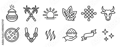 Set of twelve black line icons for the Pongal harvest festival, featuring a pot, sugarcane, sun, turmeric, kolam, cow, and garland in a minimalist outline style