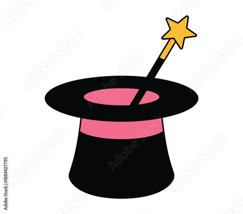 A cartoon illustration of a black top hat with a magic wand and star on a white background