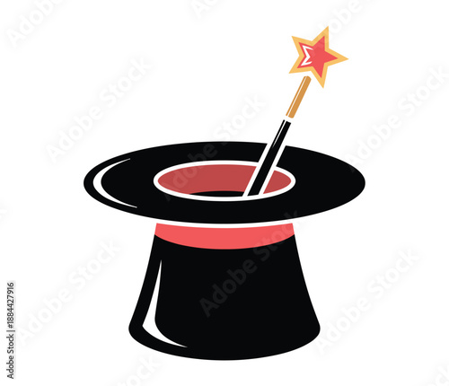 A cartoon illustration of a black top hat with a magic wand emerging from it