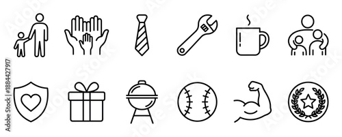 Set of twelve black line art icons for Father's Day representing family, love, and hobbies with symbols like a tie, wrench, grill, and gift box for holiday celebration