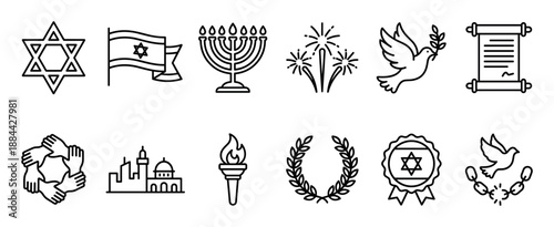 Collection of black line art icons representing Jewish religious and national symbols like the Star of David, menorah, flag, dove of peace, and Torah scroll in a minimalist style
