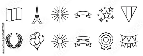 Set of black line icons for celebration and national holidays featuring a landmark tower, tricolor flag, fireworks, balloons, ribbons, and other festive symbols in a minimalist style