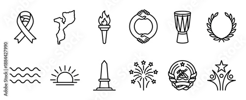 Set of black line art icons representing national and cultural symbols like a country map, flaming torch, laurel wreath, and traditional drum in a clean, minimalist vector style