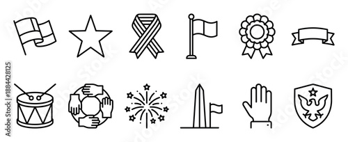 Set of patriotic and national holiday icons in a clean line art style, featuring a flag, star, award ribbon, fireworks, monument, and other celebration symbols for events