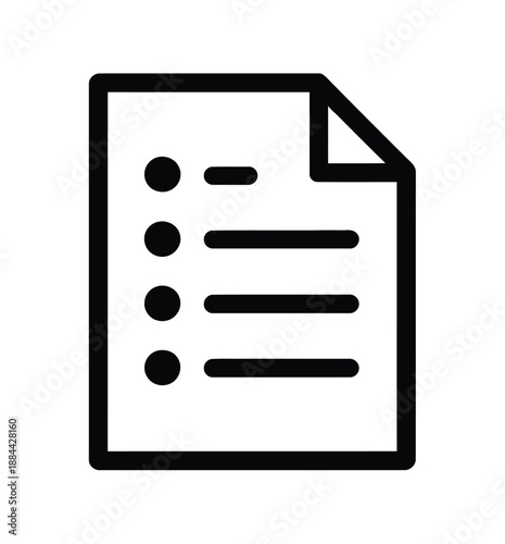 A simple black and white icon of a document with bullet points and lines on a plain white background.
