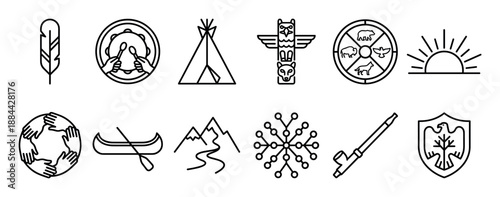 Set of twelve black line icons representing Indigenous culture, including a feather, teepee, totem pole, medicine wheel, canoe, and other traditional symbols in a minimal outline style