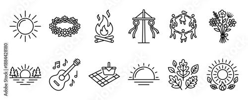 Collection of black line art icons for the summer solstice celebration, including a maypole, bonfire, flower wreath, sun, and picnic symbols for a festive seasonal event
