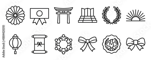 Set of Japanese cultural and ceremonial icons in a minimalist black line art style, featuring a torii gate, chrysanthemum, lantern, scroll, and symbols of achievement