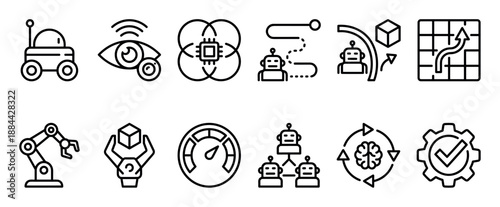 Collection of artificial intelligence and robotics icons representing machine learning, automation, computer vision, and pathfinding in a minimalist linear style