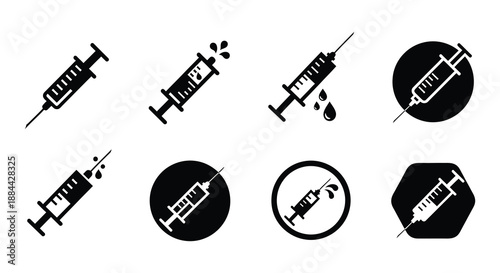 Collection of black syringe icons with varying designs and droplet details