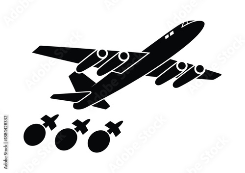 A black silhouette of an airplane dropping bombs in a dramatic scene