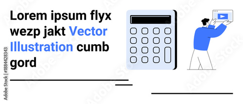 Man presenting a video frame with a calculator and placeholder text. Ideal for technology, education, productivity, digital creativity, finance, informational content, simple landing page