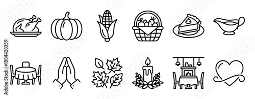 Set of twelve minimalist black outline icons for Thanksgiving and autumn holidays, featuring a roasted turkey, pumpkin, corn, pie, and symbols of family gathering