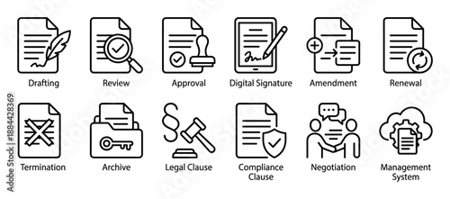 Business document and contract management icons representing the lifecycle from drafting and negotiation to approval, renewal, termination, and archiving in a clean, minimalist line art style
