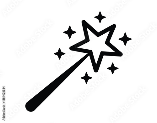 A black star wand with sparkles on a white background