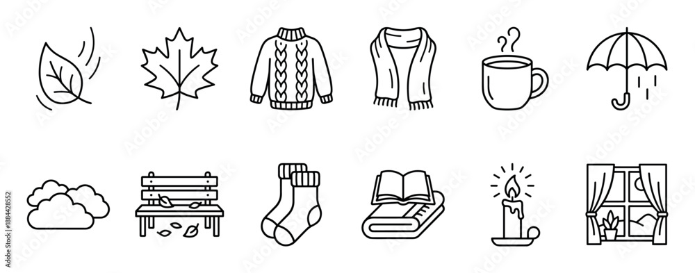 Fototapeta premium Collection of twelve autumn-themed line icons including a cozy sweater, warm scarf, hot mug, falling leaves, and rainy umbrella in a simple black and white design