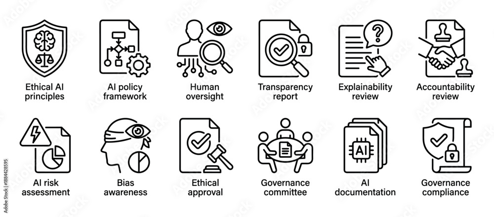 custom made wallpaper toronto digitalSet of twelve ethical AI governance line icons representing principles, policy framework, human oversight, transparency, explainability, accountability, risk, bias, and compliance