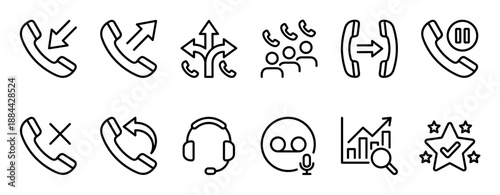 Set of black line icons for call center and customer support services, featuring symbols for incoming, outgoing, and conference calls, headset, analytics, and satisfaction rating