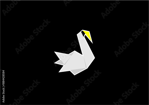 White swan silhouette with yellow beak on black background, minimalist elegant bird design in simple geometric style.